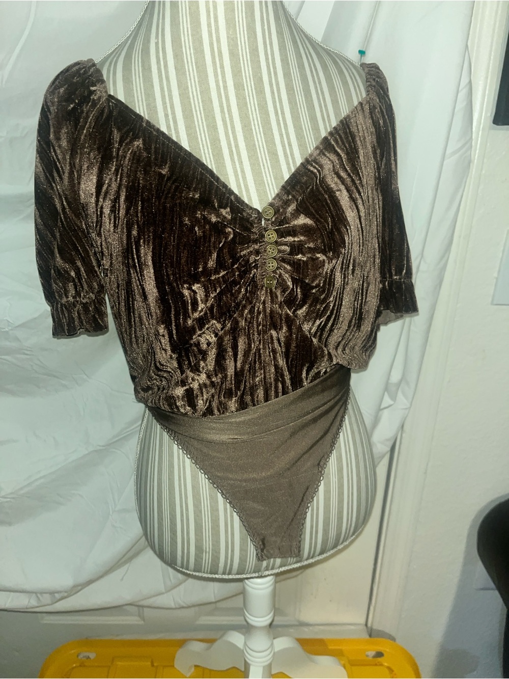 Brown Velvet Short-Sleeve Women's Bodysuit